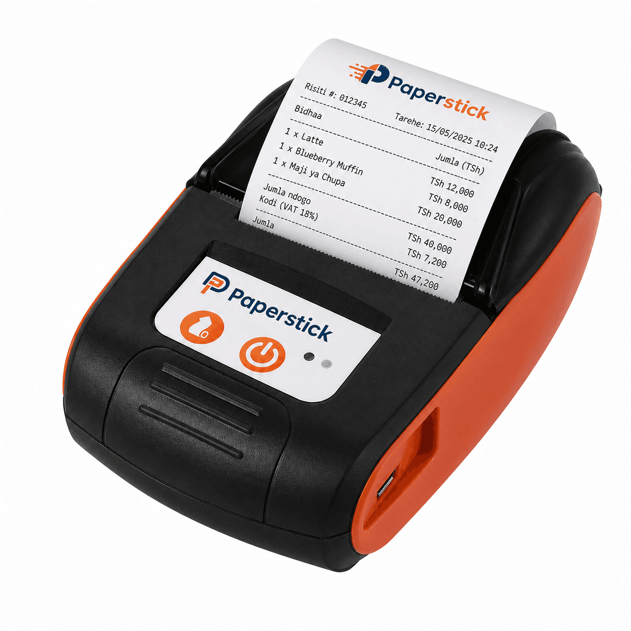 Paperstick Bluetooth receipt printer with a Tanzanian shilling receipt